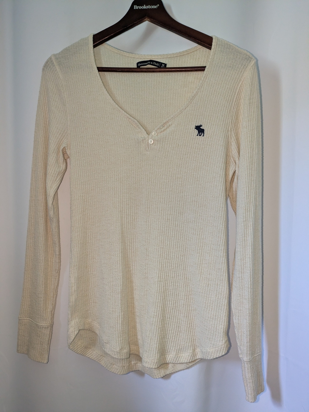 Abercrombie & Fitch Cream Ribbed Henley Long Sleeve Top with Navy Moose Logo